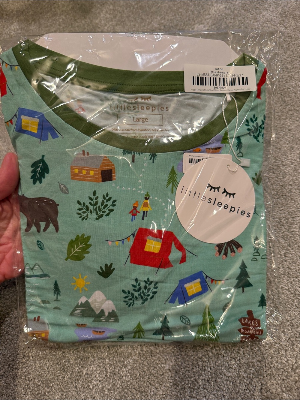 Little Sleepies- Happy Campers Mens Short Sleeve Pajama Top, Large
